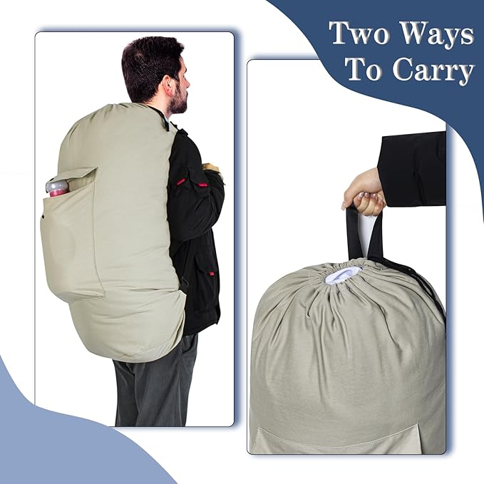 Sanlykate Canvas Backpack Laundry Bag - Extra Large Durable Dirty Clothes 2-3 Days Capacity with Adjustable Shoulder Strap & Front Pocket, for College Dorm, Apartment, Laundromats, Camping Travel
