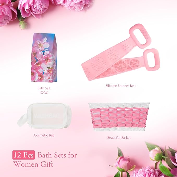 12 Pcs Bath & Body Gift Set Basket for Women, Cherry Blossom Bath and Body Gift, spa kit Skin Care Set, Self Care Pampering Kit, Diffuser, Home Spa, cosmetic Bag, Birthday, Mother Day, Bridal Shower