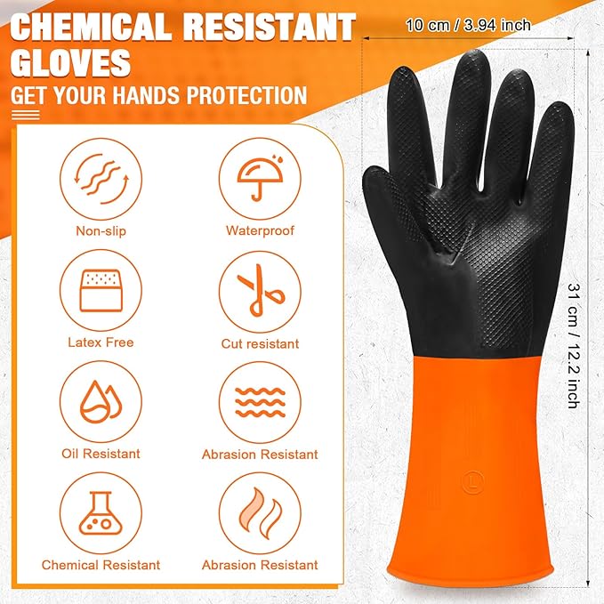 12 Pairs Chemical Resistant Latex Gloves Reusable Heavy Duty Rubber Industrial Gloves, Resist Acid, Oil, Alkali