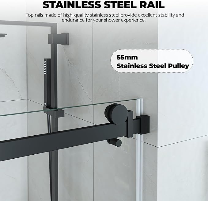 Shower Glass Door 44–48 × 76 inch, Frameless Sliding Shower Door with Square Stainless Steel Track & 55mm Rollers, 6mm Tempered Glass, Matte Black Finish, Stylish Shower Doors for Bathroom Upgrade