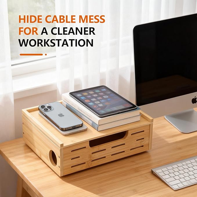 Cable Management Box – Large Extension Cable Organizer Box for Power Strips Floor Outlet Hider Durable Bamboo Cord Hider for Home Office Under Desk & Floor TV Wires Computer Router USB Hub Cables