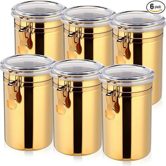 6 Pcs Stainless Steel Food Storage Containers Set Airtight Kitchen Canisters Coffee Jar with Clear Lid and Locking Clamp for Coffee Bean, Tea, Flour, Sugar, Cookie Storage(40.6 oz)