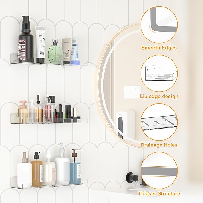 8 Pack Floating Shelves - Clear Acrylic/PET Wall Mounted Non-Drilling Storage Rack with Adhesive, Invisible Bathroom and Bedroom Shelves for Kitchen, Living Room, Clear Decoration