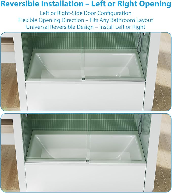Frameless Bathtub Shower Door, 56–60 inch W x 59 inch H Sliding Tub Door, 6mm Tempered Glass, Stainless Steel Round Rail & 55 Rollers, One Fixed and One Sliding Panel, Brushed Nickel