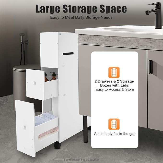 Small Bathroom Storage Cabinet with Lockable Wheels, Narrow Floor Organizer for Small Space, Rolling Toilet Paper Holder with Slide Out Drawers, Vertical Bathroom Organizer Next to Toilet