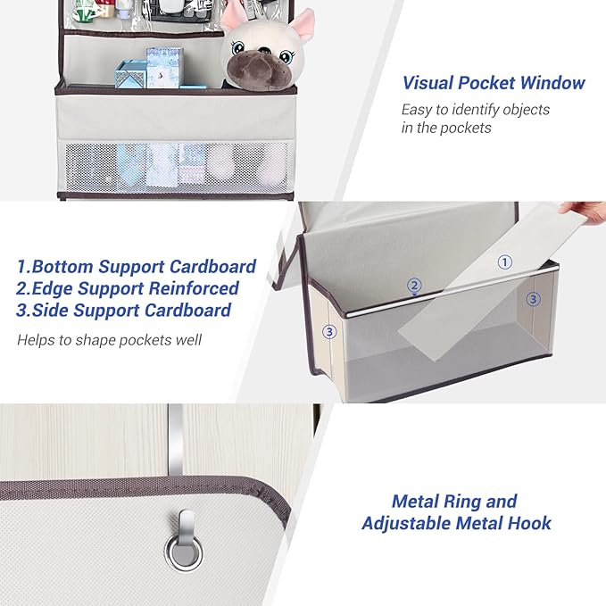NesTidy Over The Door Organizer Storage, Wall Mount Hanging Organizer with 4 Large Capacity Pocket Organizers and 3 Small Pockets for Baby Essentials, Toys, Cosmetics, and Sundries (Beige, 1 Pack)