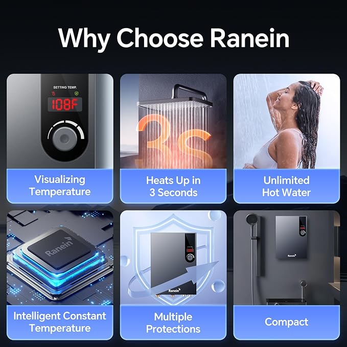 Ranein 27kW Electric Tankless Water Heater, 240V On Demand Instant Endless Water Heater with LED Temperature Display, Control Knob, Space Saving Design, Up to 6.5 GPM for Whole House Water