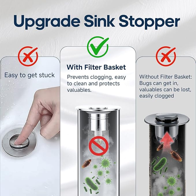 Pop Up Sink Drain Strainer, Bathroom Sink Drain Stopper with Removable Stainless Steel Drain Hair Catcher Basket, Universal Bathroom Sink Stopper Replacement, Drain Plug Filter (2PCS)