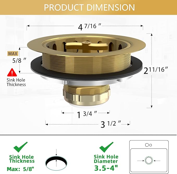 Gold Sink Drain Strainer 3-1/2 Inch Kitchen Sink Drain Assembly Kit with Stainless Steel Strainer Basket and Drain Stopper for Standard Kitchen Sink Brushed Gold
