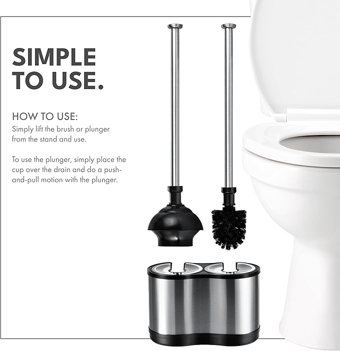 ToiletTree Products Modern Deluxe Freestanding Toilet Brush and Plunger Combo (Stainless Steel, Brush and Plunger Combo Set 4.5” x 9.75” x 18.5")