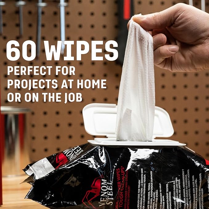 Venom Steel Workshop Wipes with Scrubbing Beads, for Grease, Grime, Oil, Paint and Caulk, Safe on Hands, Tools, and Non Porous Surfaces, Light Citrus Scent, 8" x 12" Cloths, 60 Wipes (Pack of 8)