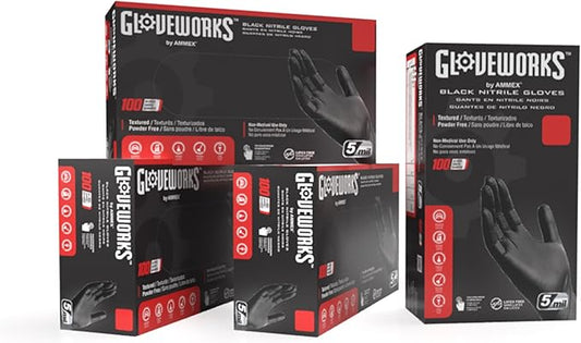 GLOVEWORKS Black Nitrile Gloves 5 Mil Disposable, Latex Free, Textured Grip for Food Service, Cooking, Professional Cleaning