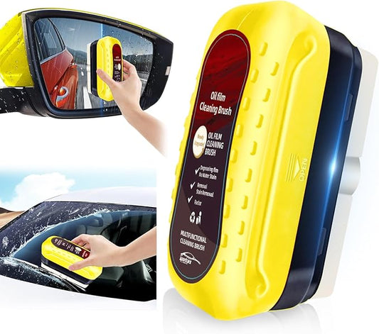Automotive Oil Film Cleaning Brush with Reusable Foam Sprayer, Upgraded Antifog Glass Cleaning Board, Glass Oil Film Remover for Car Windows & Windshields, Versatile Car Glass Cleaner Brush (Yellow)