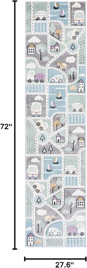 SAFAVIEH Carousel Kids Collection Runner Rug - 2'3" x 6', Grey & Light Blue, Non-Shedding & Easy Care, Ideal for High Traffic Areas for Boys & Girls in Playroom, Nursery, Bedroom (CRK193F)