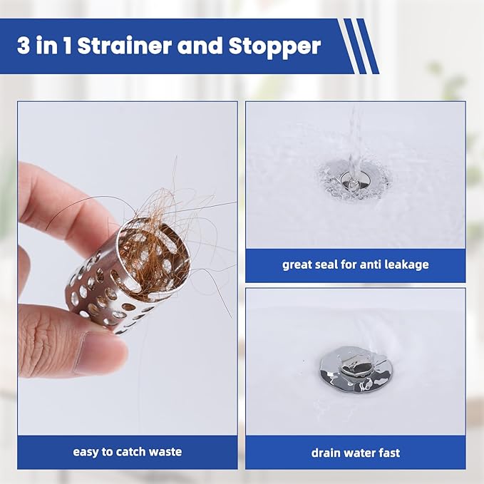 Universal Bathroom Sink Drain Strainer Hair Catcher 3PCS Upgraded with Removable Stainless Steel Filter Basket, 3 in 1 Pop Up Sink Stopper for 1.1''~2.36'' Sink Basin Hole, Chrome