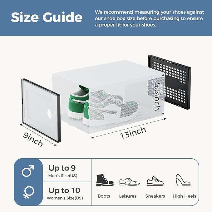 DUMOS Clear Shoe Storage Boxes, 12-Pack Plastic Stackable Shoe Containers with Lids, Display Sneaker Case Organizer for Closet, Under Bed, Entryway,Black (Fit Size 9)