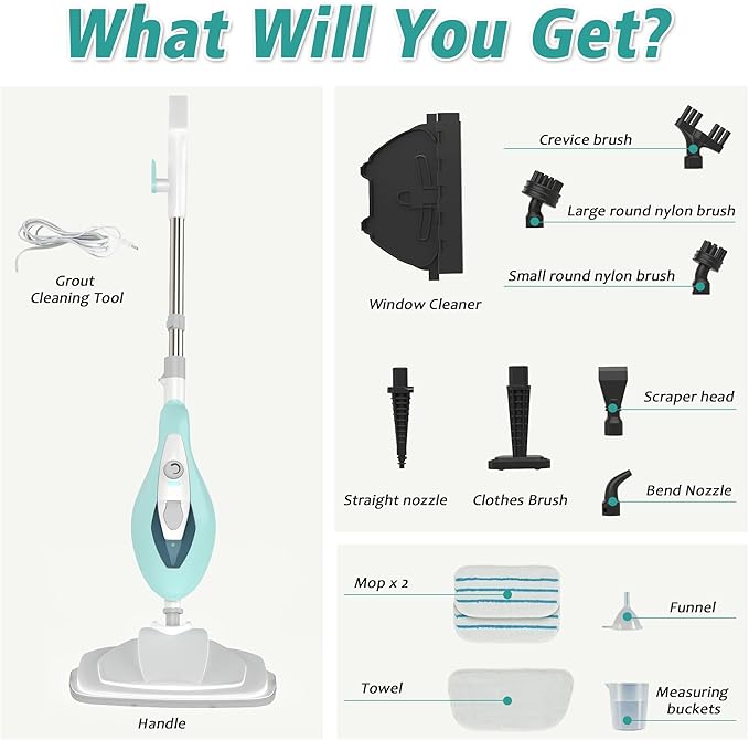 Steam Cleaner for Home, Handheld Floor Steamer Cleaner, Lightweight 12 in 1 Steam Mop Detachable Steamer for Hardwood Floor Tile Couch, 2 Washable Pads, 1550W Deep Cleaning, Green