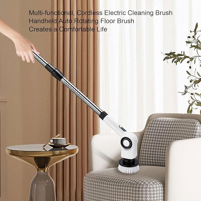 Electric Spin Scrubber, 7 in 1 Electric Scrubber, IPX7 Water Proof, 3 Speed Adjustable, Cordless Cleaning Brush Extension Handle 7 Replaceable Heads for Bathroom