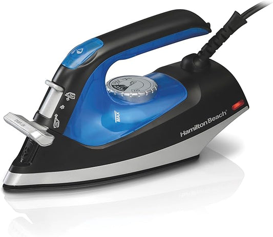 Hamilton Beach 2-in-1 Steam Iron for Clothes and Garment Steamer with 5 Temperature Settings, Nonstick Soleplate, 1200 Watts, 8’ Cord, Black & Blue (14525F)