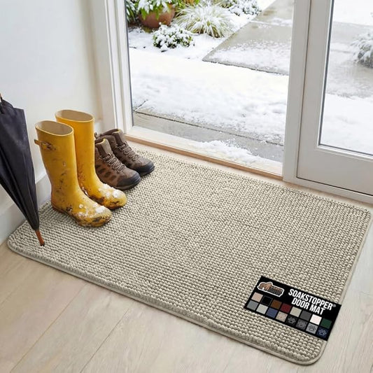 GORILLA GRIP SoakSTOPPER Dog Door Mat, 48x30 Machine Washable Rug Absorbent Doormat Captures Moisture Mud Dirt, Quick Dry Soft Chenille Entryway Rugs Indoor Entrance Mats for Dog Paws, Cream
