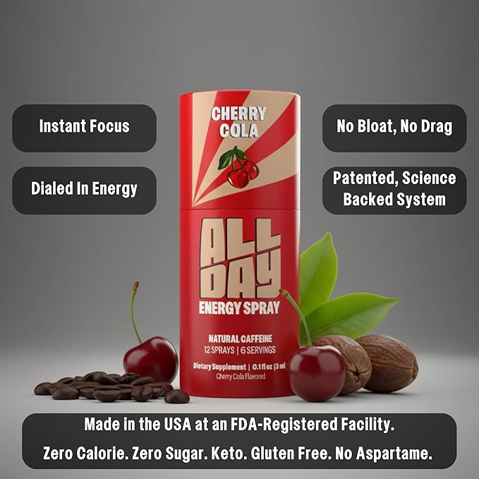 ALLDAY Focus + Energy Spray | Natural Caffeine + L-Theanine + Essential Vitamins | 0 Calorie, 0 Sugar | 12 Spray Bottle | Faster, Cleaner, Smoother Energy* (4 Pack Variety)