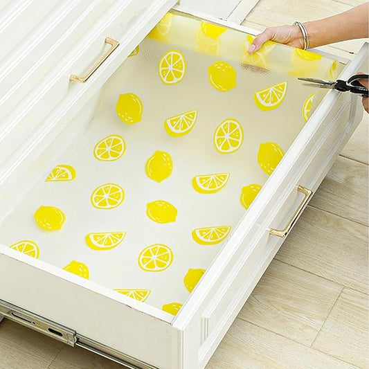 Lemon Print Shelf Liner for Kitchen Cabinets - Non-Adhesive Drawer Liner, Non-Slip Refrigerator Liner, Waterproof Fridge & Pantry Mat - Easy to Cut & Clean