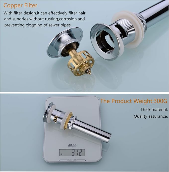 Bathroom Basin Sink Push Button Drain Stopper with Removable Brass Strainer Basket, with Overflow Chrome Push Pop Up Drain Assembly Polished Chrome,83606-1C.