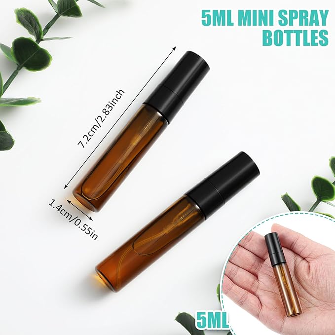 Zhehao 25 Pcs Mini Spray Bottles 5 ml Clear Glass Perfume Bottles Refillable Fine Mist Perfume Atomizer Portable Empty Sample Containers for Cleaning, Essential Oils, Travel (Amber)