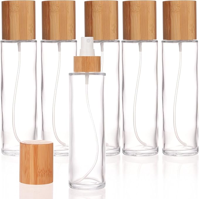 COSIDEA 12 pcs Empty 5oz /150ml bamboo lid clear glass spray bottle with fine mist despenser head for liquid perfume toiletries containers, toner bottles