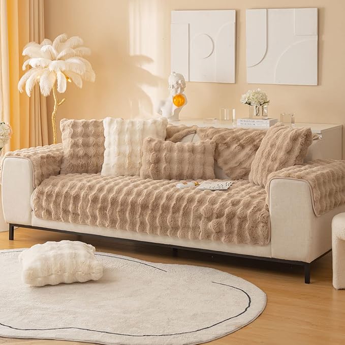 Soft Warm Faux Fur Couch Sofa Cover Thick Shaggy Fuzzy Sectional Couch Cover Non-Slip Solid Color Plush Sofa Slipcover Furniture Protector for Kids, Pets (Coffee,43"x82")