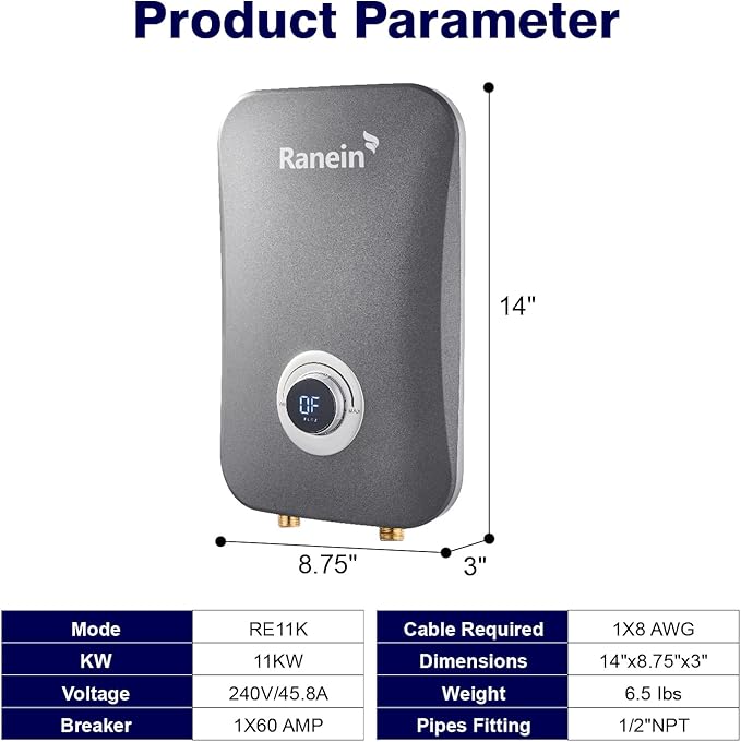 Ranein Electric Tankless Water Heater, 11Kw 240v, On Demand Instant Water Heater with CSA Certification, IPX4 Waterproof, LED Display, Self Modulating Energy Saving, Ideal 1-2 Point of Use