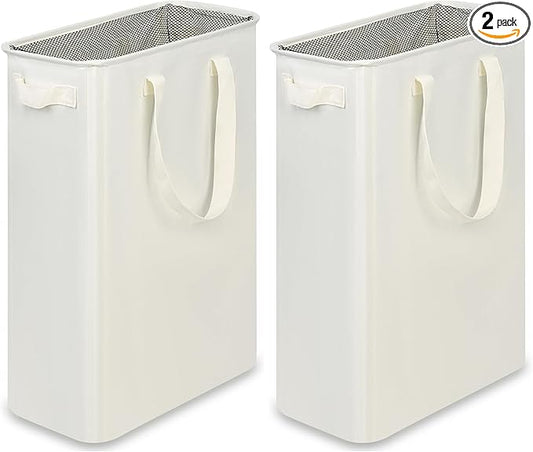 efluky Slim Laundry Basket, Narrow Laundry Hamper with Handles, Collapsible Dirty Clothes Hamper, Tall Laundry Bin for Laundry Room, Dorm and Bedroom, 12.7 Gallons(48L) Beige (Pack of 2)