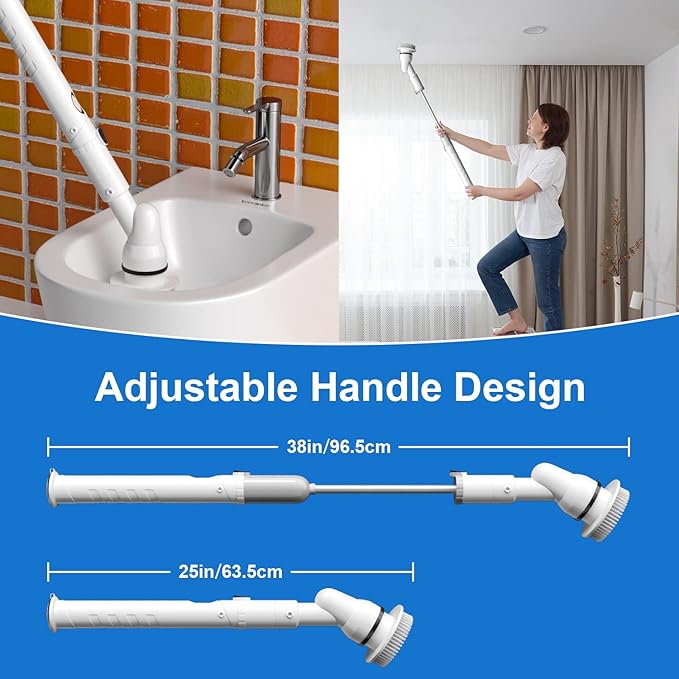 Electric Spin Scrubber, Cordless Floor Scrubber with 5 Replaceable Cleaning Brush Heads and Extension Handle for Tub, Tile, Shower, Kitchen