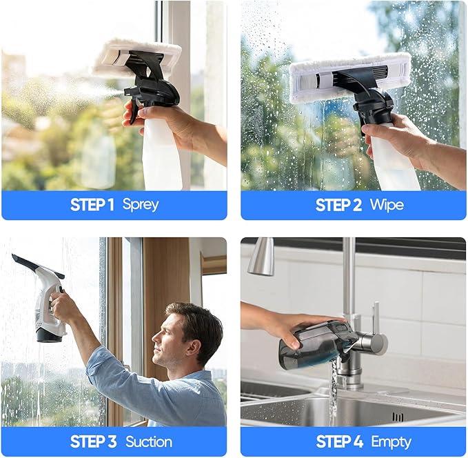 Window Vacuum Squeegee Cordless, 2000Pa Electric Window Cleaner Tool with Extension Pole Window Cleaning Kit 11" Shower Squeegee for High Windows, Shower Doors, Tile & Car Windshield