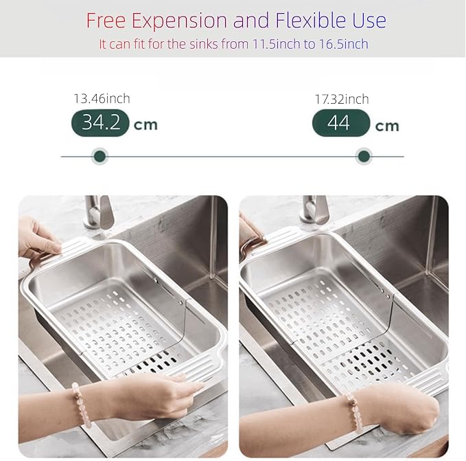 Extendable Over the Sink Colander Strainer Basket, Stainless Steel Retractable Kitchen Sink Basket - Wash Vegetables, Fruits, Drain Pasta and Dry Dishes XL (XL)