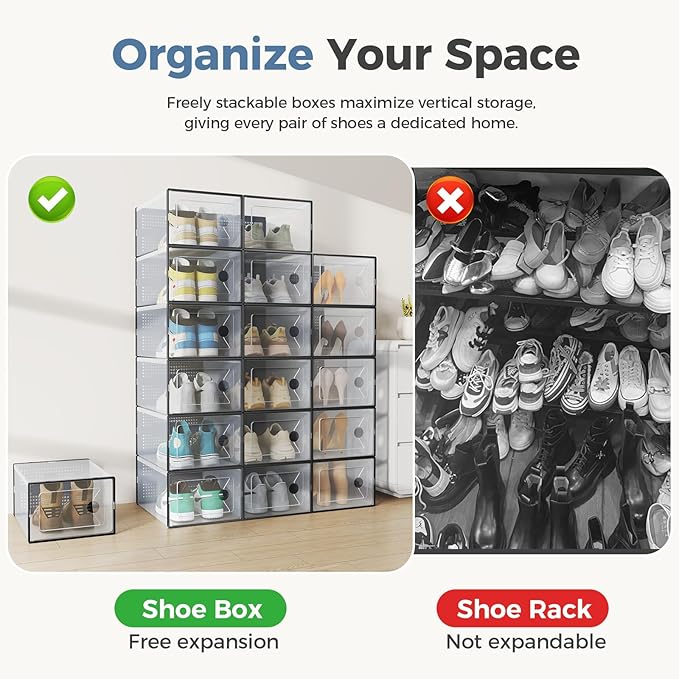 DUMOS Clear Shoe Storage Boxes, 12-Pack Plastic Stackable Shoe Containers with Lids, Display Sneaker Case Organizer for Closet, Under Bed, Entryway,Black (Fit Size 11)