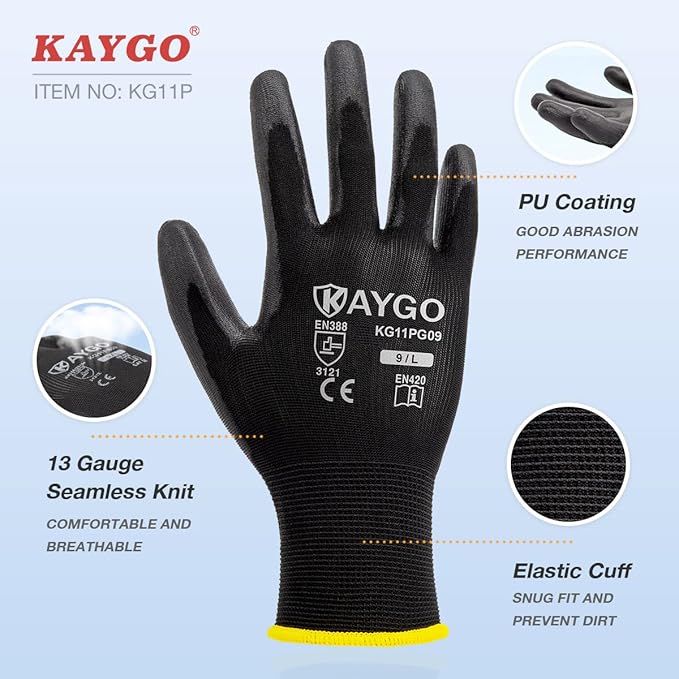 KAYGO Work Gloves for Men and Women,60 Pairs Seamless Knit PU Coated Safety Gloves, with Smooth Grip on Palm and Fingers, Ideal for Light Warehouse, Manufacturing, Gardening, KG11P (M,Green)