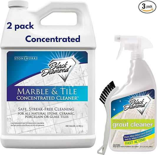 Black Diamond Stoneworks Marble & Tile Cleaner Gallon + Ultimate Grout Cleaner with Brush Quart (2-Pack) – Safe for Natural Stone, Deep Grout and Tile Cleaning to Restores Shine