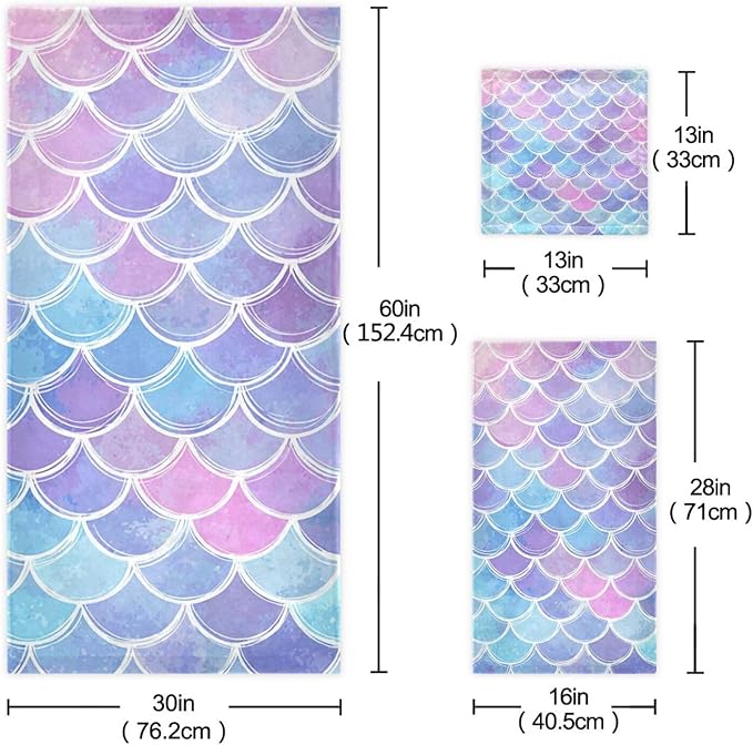 Pfrewn Magic Pink Blue Mermaid Scales Towels Set of 3 Rainbow Marble Galaxy Bathroom Towel Soft Absorbent Bath Hand Towels Washcloth Guest Towel Sets Bathroom Decorations
