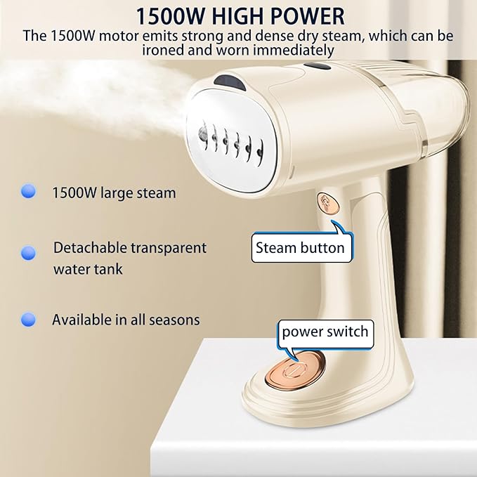 Handheld Steamer for Clothes, A 1500W Powerful Steamer with A 138ML Detachable Large Water Tank, Foldable Portable Steam Iron Suitable for Home, Dormitory, Office & Travel (Applicable to 110V) (White)