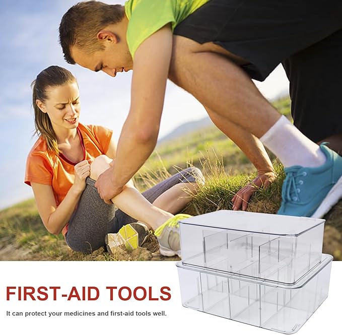 2 Pack First Aid Box, Acrylic Medicine Kit Case Organizer Empty, Divided Medicine Box First Aid Storage Box Kit with Hinge Lid, Emergency Supplies Storage Box for Home Office (Clear)