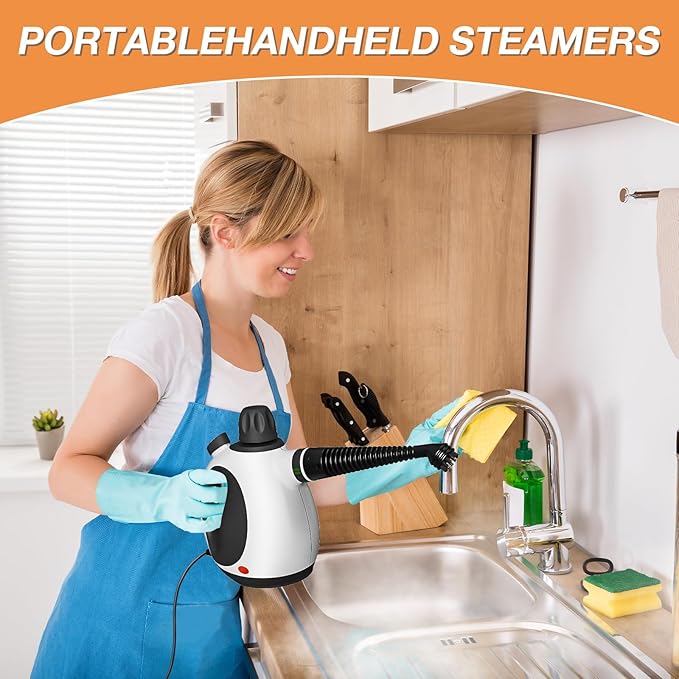 Handheld Steam Cleaner, Pressurized Multi-Purpose Natural Steamer with 12 pcs Accessories, Steamer for Cleaning Car, Bathroom, Countertop, Upholstery, Shower, Couch, Tile Grout, Window, Grease