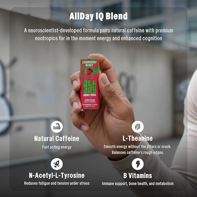 Caffeine Spray, Promotes Focus and Energy (Peach Snap, 8 Bottles, 96 Sprays) | 32mg Natural Caffeine per Spray | Pocket-Size Energy Shot/Drink - Formulated with L-Theanine, Vitamin B12, & Vitamin D