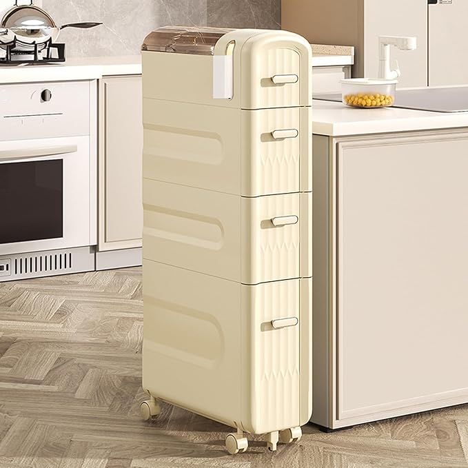 4 Tiers Narrow Slim Bathroom Floor Cabinet,Rolling Storage Cart with Toilet Paper Holder,Slim Bathroom Storage Cabinet for Small Space Kitchen Living Room