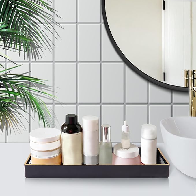 MAONAME Blue Bathroom Tray, Plastic Vanity Trays with Handles, Small Long Narrow Trays, Perfume Organizer Tray for Dresser, Bathroom Accessories, 13.8" x 6" x 1.58"