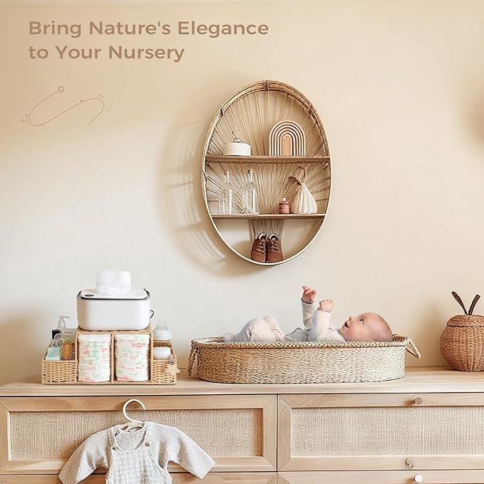 Diaper Caddy Organizer, Hand Rattan Nursery Storage Basket for Baby Essentials, Baby Changing Table Organizer Perfect Nursery Assistant (Natural Light Woven - Style 2, L)