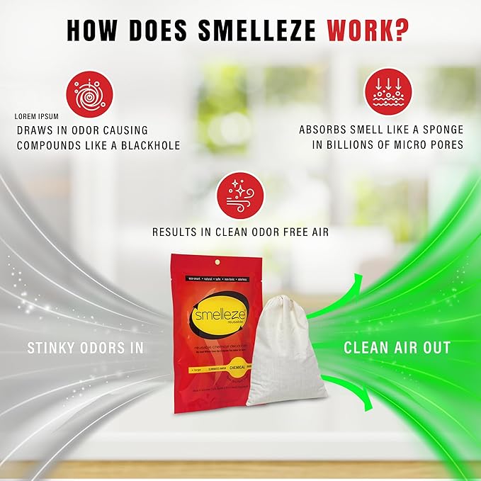 SMELLEZE Reusable Chemical Odor Eliminator Deodorizer Pouch, Chemical Smell Remover for Houses, Furniture, Cars, Offices, Businesses & Products, 150 Sq. Ft. Coverage
