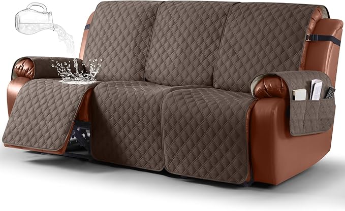 Ruaozz Waterproof Recliner Sofa Covers, 1-Piece Couch Covers for Reclining Couches Reclining Couch Cover Washable Furniture Protector with Elastic Straps Pocket for Kids Pets (Brown, 3 Seater)
