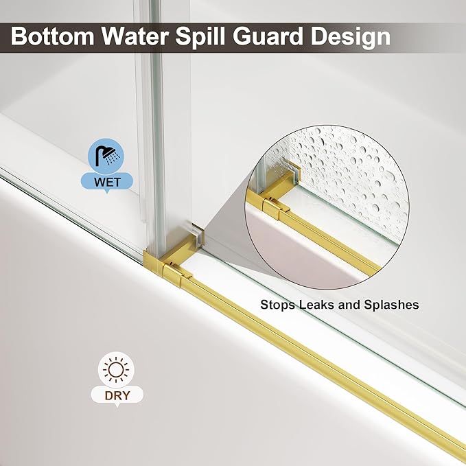 Frameless Shower Door,Single Sliding Glass Shower Door with Nano Coating & Safety Film, Adjustable 55"-60" W x 72" H, Brushed Gold,1/4" (6mm) SGCC Tempered Glass