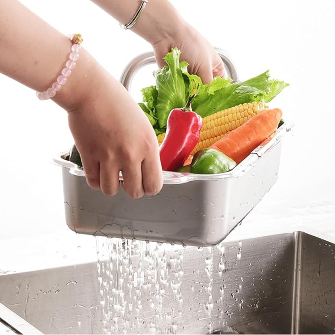 Extendable Over the Sink Colander Strainer Basket, Stainless Steel Retractable Kitchen Sink Basket - Wash Vegetables, Fruits, Drain Pasta and Dry Dishes (L)